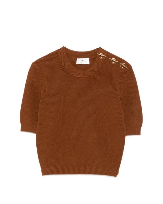Elisabetta Franchi Brown Logo-Plaque Ribbed Top