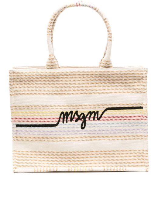 MSGM Natural Logo-embroidered Striped Tote Bag