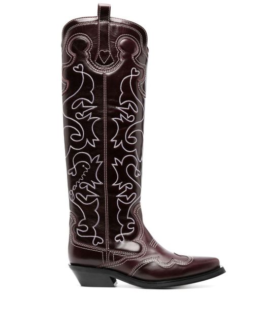 Ganni Black Embroidered Knee-high Leather Cowboy Boots