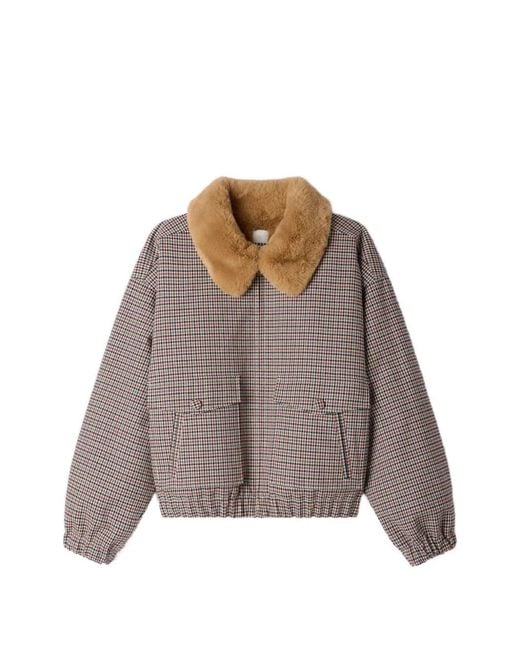 Sandro Brown Checked-Pattern Bomber Jacket