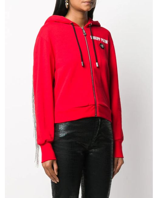 Philipp Plein Red Zip-up Logo Print Hoodie