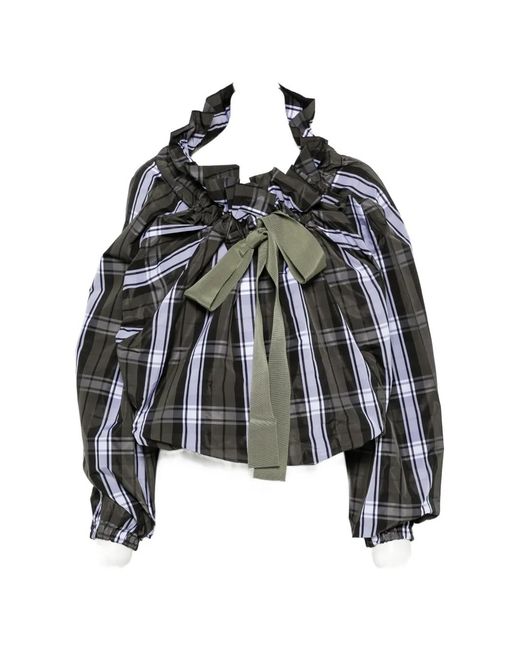 Patou Black Scoop-Neck Check Ruffled Blouse