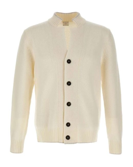 Eleventy White Stand-Up Collar Striped-Trim Cardigan for men