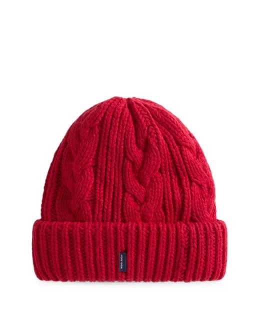 Woolrich Red Cable-Knit Beanie Hat for men