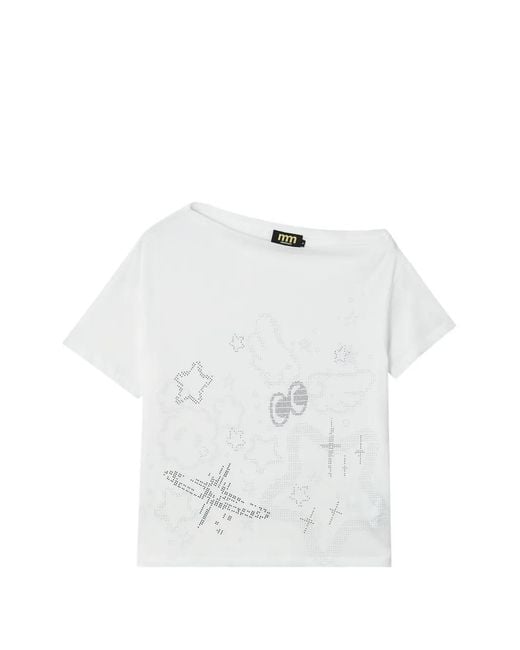 Mini Cream White Rhinestone-Embellished Asymmetric-Collar Cotton T-Shirt
