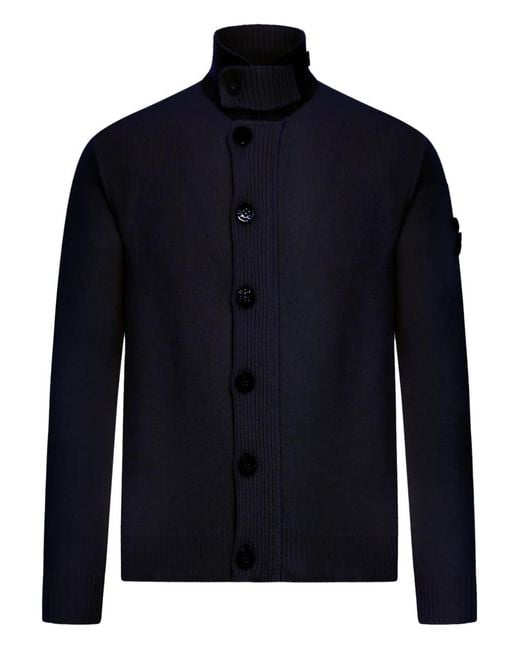 Stone Island Blue High-Neck Wool Cardigan for men