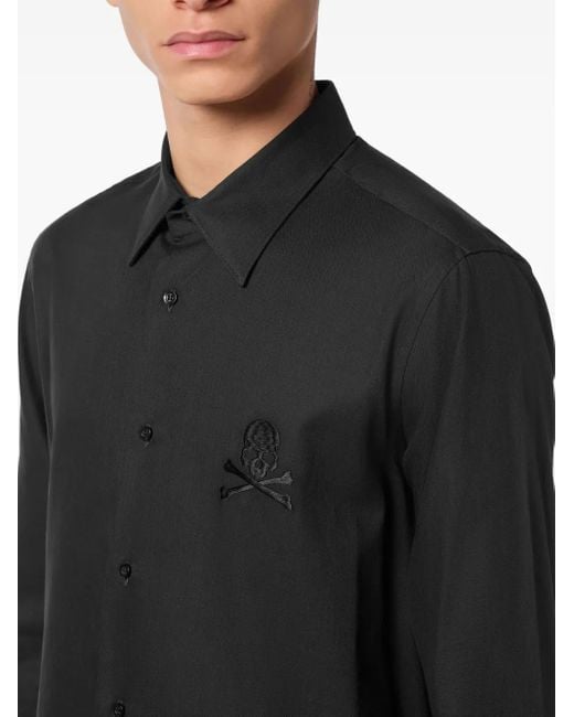 Philipp Plein Black Skull-Embroidered Long-Sleeve Shirt for men