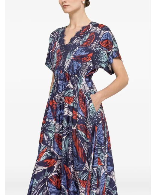 Nissa Blue Lace-Detail Viscose Midi Dress