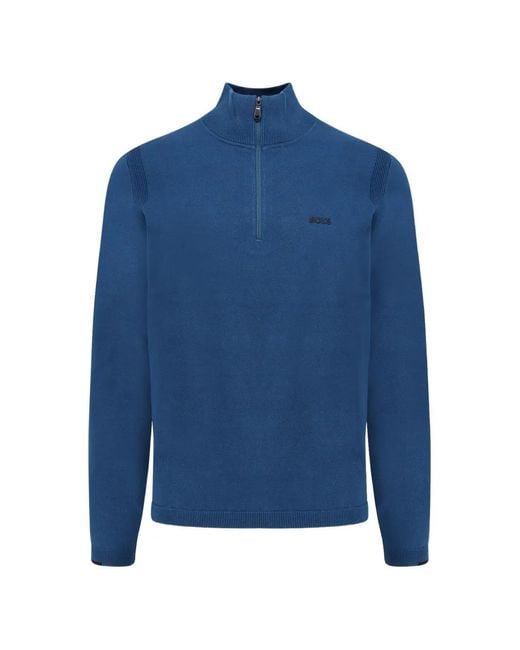 Boss Blue Logo-Patch Half-Zip Sweater for men