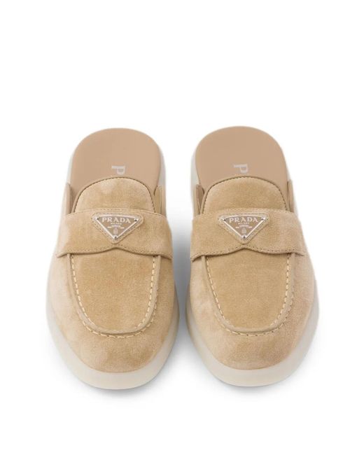 Prada White Logo-Plaque Suede Mules