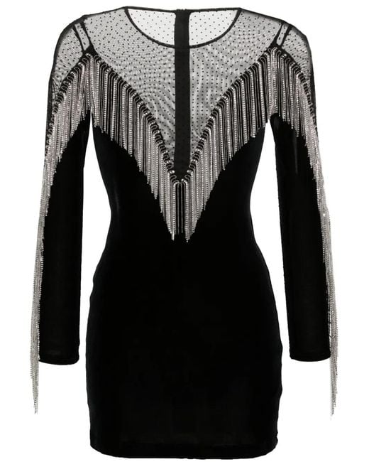 Nissa Black Fringe-Detail Velvet Mini Dress