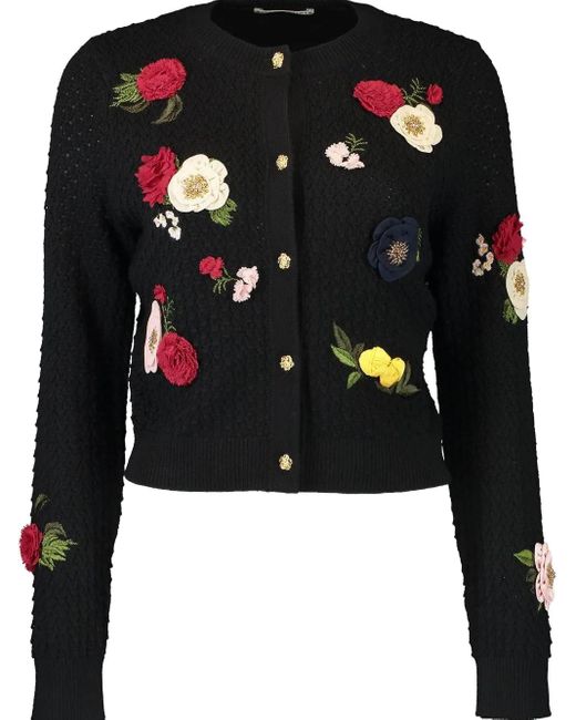 Alice + Olivia Black Dollie Floral-Appliqué Cardigan