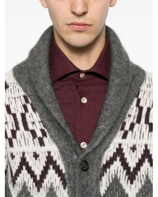 Eleventy Gray Fair Isle Shawl-Collar Cardigan for men