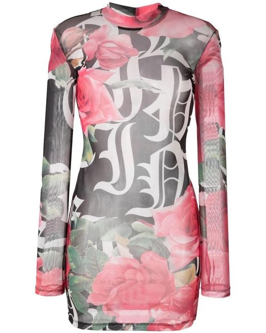 Philipp Plein Pink Logo-Print Semi-Sheer Mini Dress