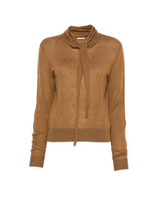 LAMRONS Brown Pussy-Bow Pointelle-Knit Sweater