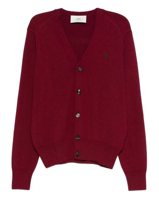 AMI Red Button-Front Logo-Embroidery Cardigan for men