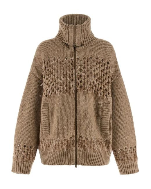 Brunello Cucinelli Brown Drop-Shoulder Sequin-Embellished Cardigan