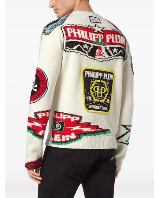 Philipp Plein White Patches Round-Neck Sweater for men