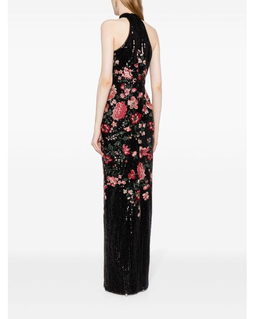 Marchesa Blue Shimmer Floral-embroidered Maxi Dress