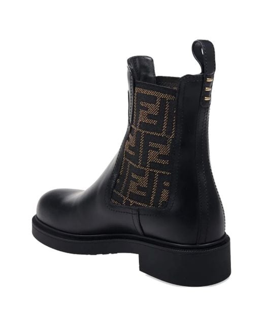 Fendi Black Filo Leather And Ff Fabric Biker Boots