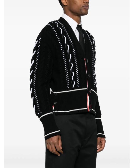 Thom Browne Black V-Neck Chunky-Knit Cardigan for men