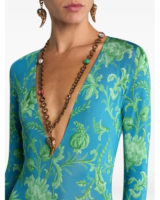Etro Green Long Stretch Jersey Dress With Floral Motif