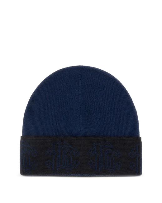 Roberto Cavalli Blue Logo-Intarsia Wool Beanie Hat
