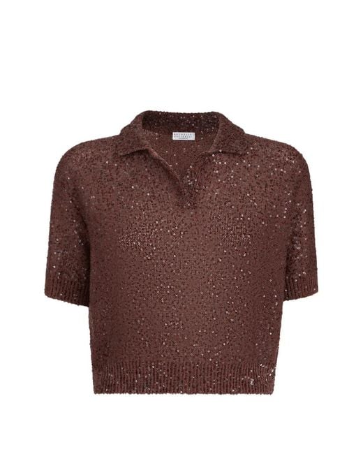 Brunello Cucinelli Brown Linen And Cashmere Blend Polo Sweater