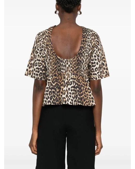 Ganni Brown Smock Leopard Printed Blouse