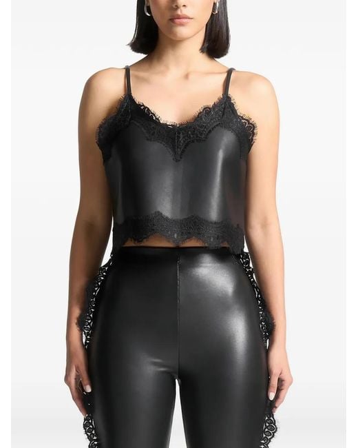 Manière De Voir Black Lace Trim Leather Camisole Top