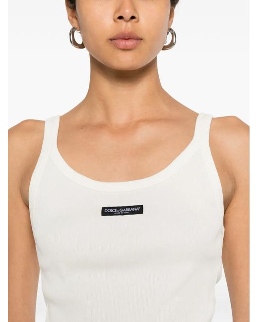 Dolce & Gabbana White Logo-Patch Ribbed Top