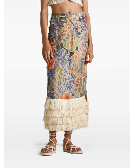 Ixiah Natural Casablanca Floral-Print Midi Skirt