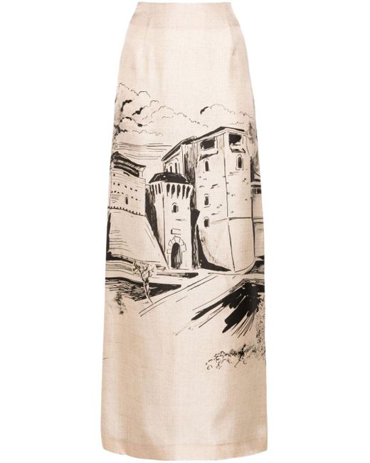 Alberta Ferretti Natural Castle-print Maxi Skirt
