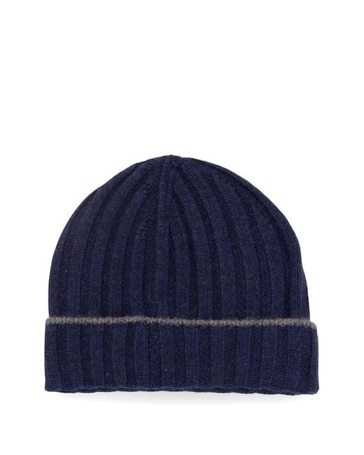 Brunello Cucinelli Blue Cashmere Rib Knit Beanie for men
