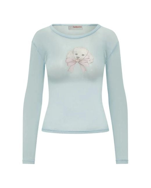 Fiorucci Blue Poodle-Printed Tulle Long-Sleeved T-Shirt