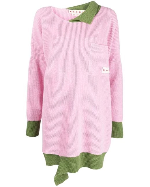 Marni Pink Asymmetric Raw-Edge Ribbed Jumper
