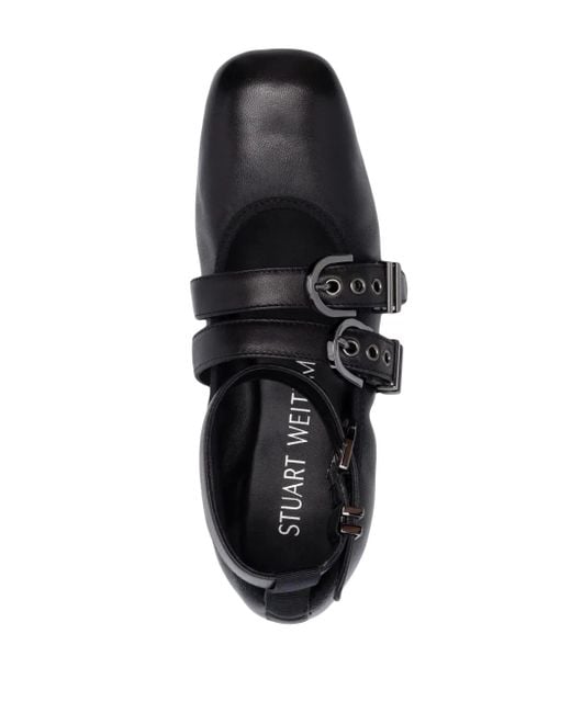 Stuart Weitzman Black Classic Leather Ballerina Flats With Double Buckle Design