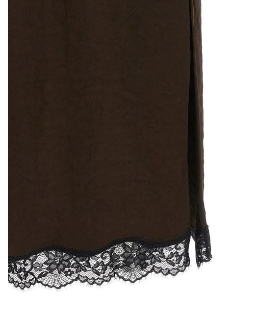 Twinset Brown Midi Froissé Satin And Lace Skirt