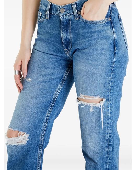 Calvin Klein Blue Ripped Low Rise Straight Jeans