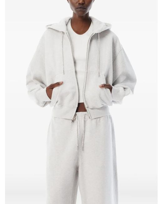 Alexander Wang White Rhinestone-Drawcord Zip-Up Hoodie