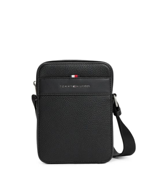 Tommy Hilfiger Black Grained-Leather Logo-Plaque Messenger Bag for men
