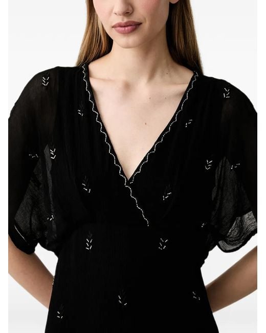 Pedro Del Hierro Madrid Black Bead-Embellished V-Neck Midi Dress