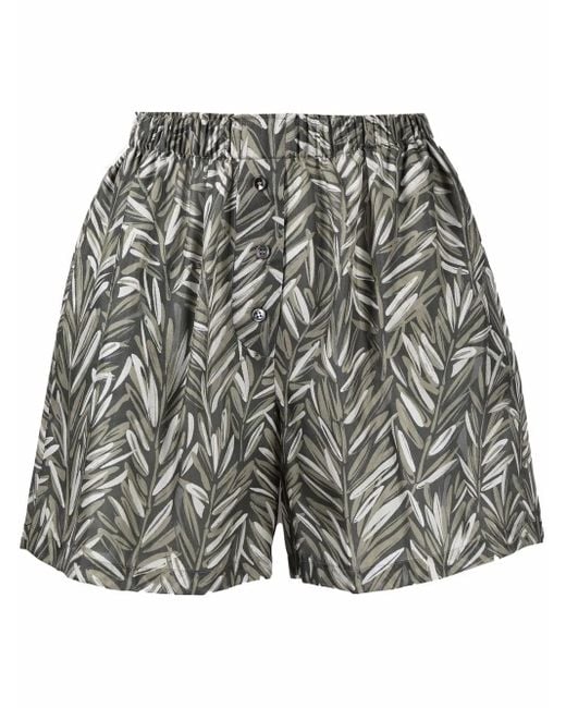 Brunello Cucinelli Gray Leaf-Print Silk Shorts