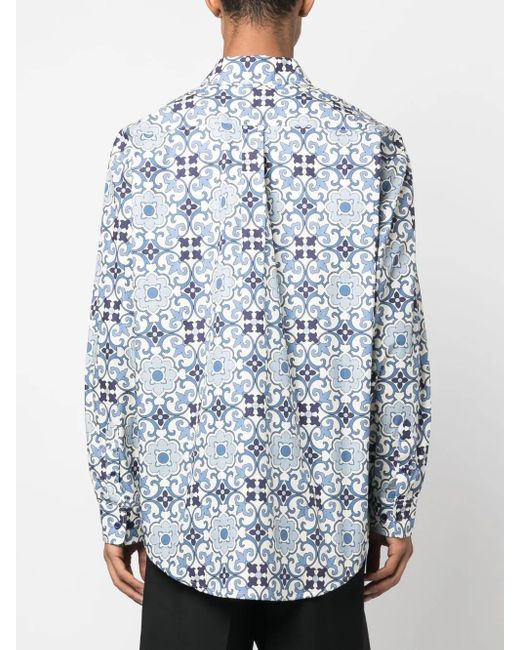 Drole de Monsieur Blue Faïence Geometric-Print Cotton Shirt for men