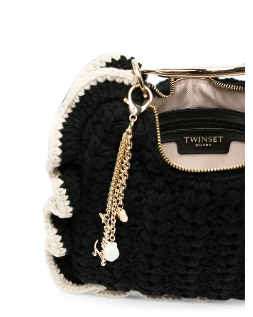 Twinset Black Crochet Ruffled-Trim Tote Bag