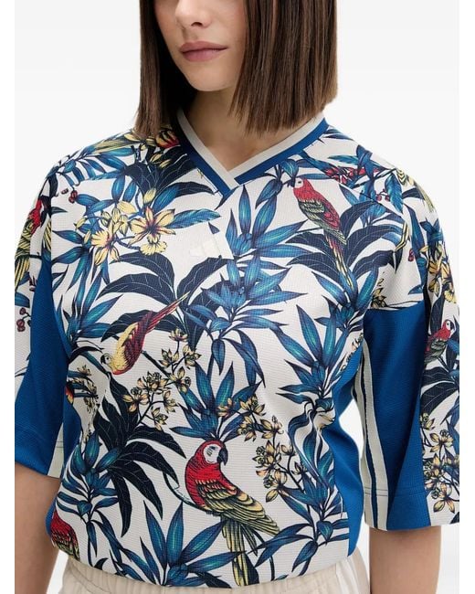 Adidas Blue X Farm Rio Floral-Print V-Neck T-Shirt
