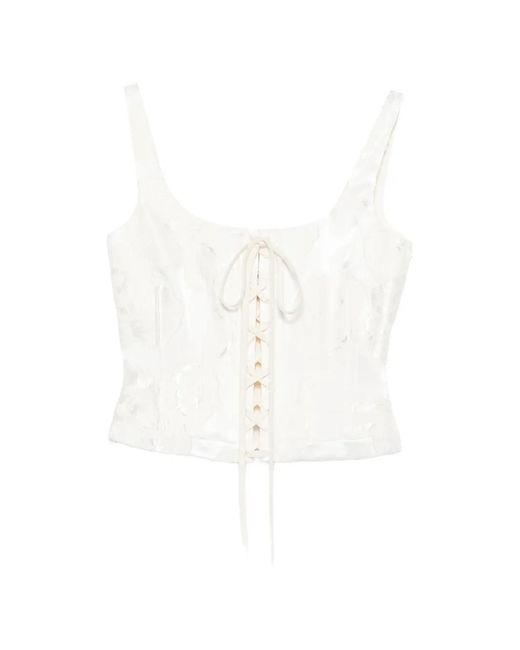 McQueen White Lace-Up Floral-Jacquard Top