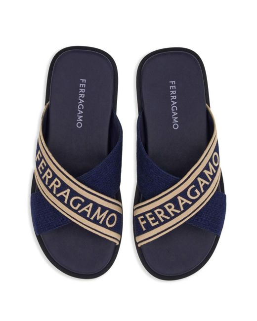 Ferragamo Blue Crossover-strap Cotton Sandals for men