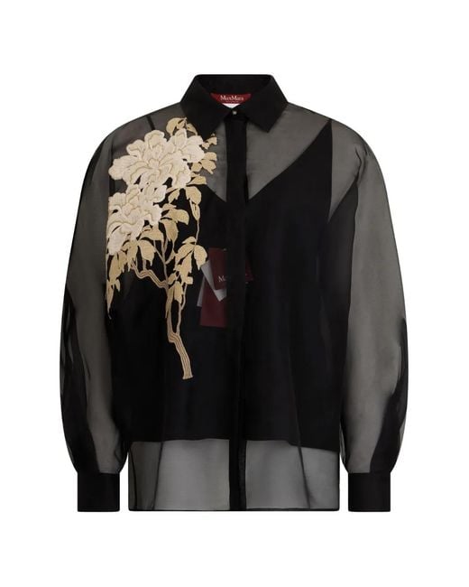 Max Mara Black Floral-Embroidered Sheer Blouse