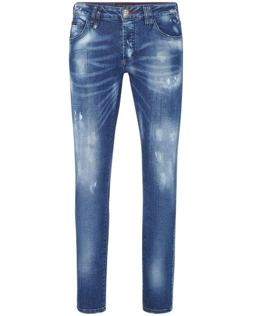 メンズ Philipp Plein Distressed Straight-leg Jeans Blue